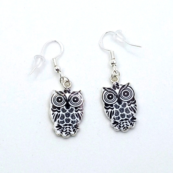BLACK AND WHITE METAL OWL EARRINGS WITH STERLING EAR WIRES - Picture 1 of 1